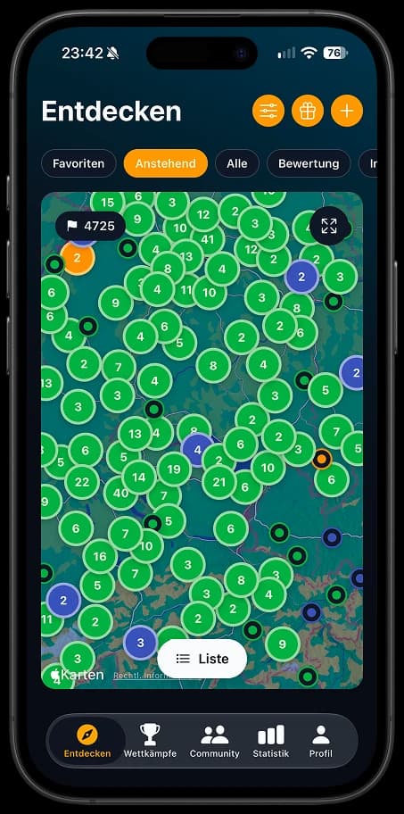 Competitions-App: Karte mit Wettkämpfen in Süddeutschland