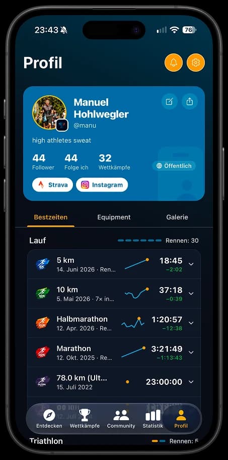Competitions-App: Profil mit Bestzeiten über 5 km, 10 km, Halbmarathon und Marathon