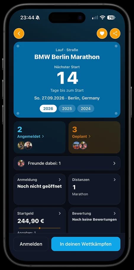 Competitions-App: Seite einer Wettkampfserie mit Ausgaben und Bewertungen
