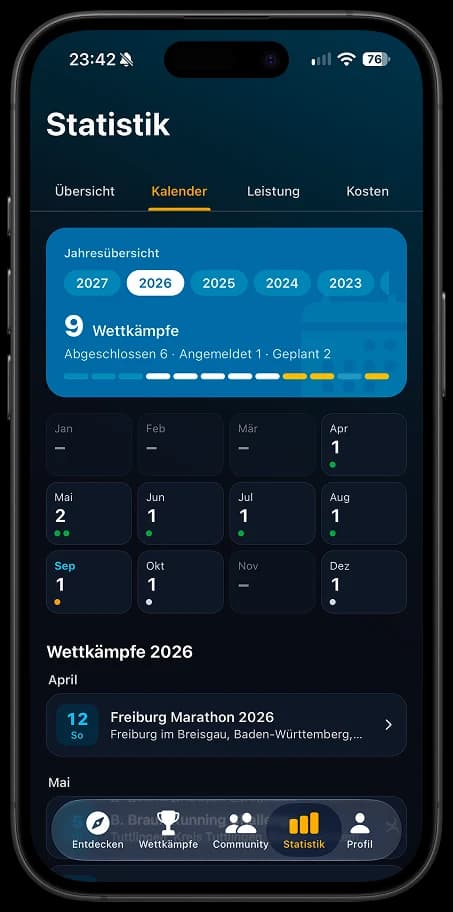 Competitions-App: Jahreskalender mit allen Wettkämpfen der Saison