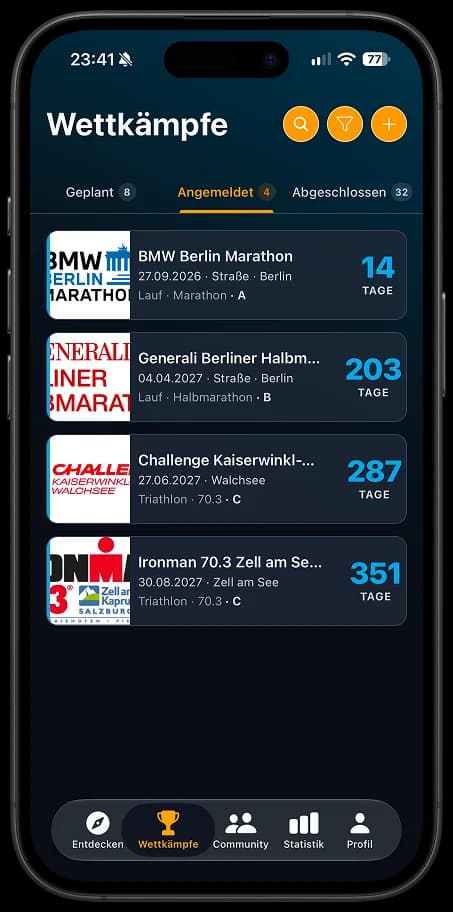 Competitions-App: angemeldete Wettkämpfe mit Countdown in Tagen
